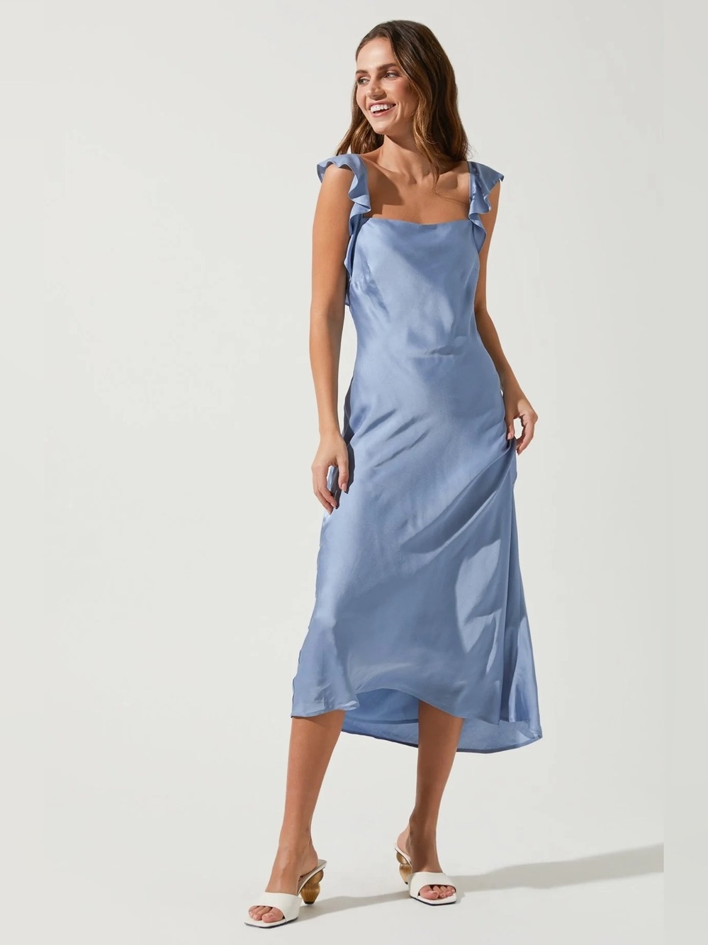 ASTR The Label Rina Satin Ruffle Strap Slip Midi Dress